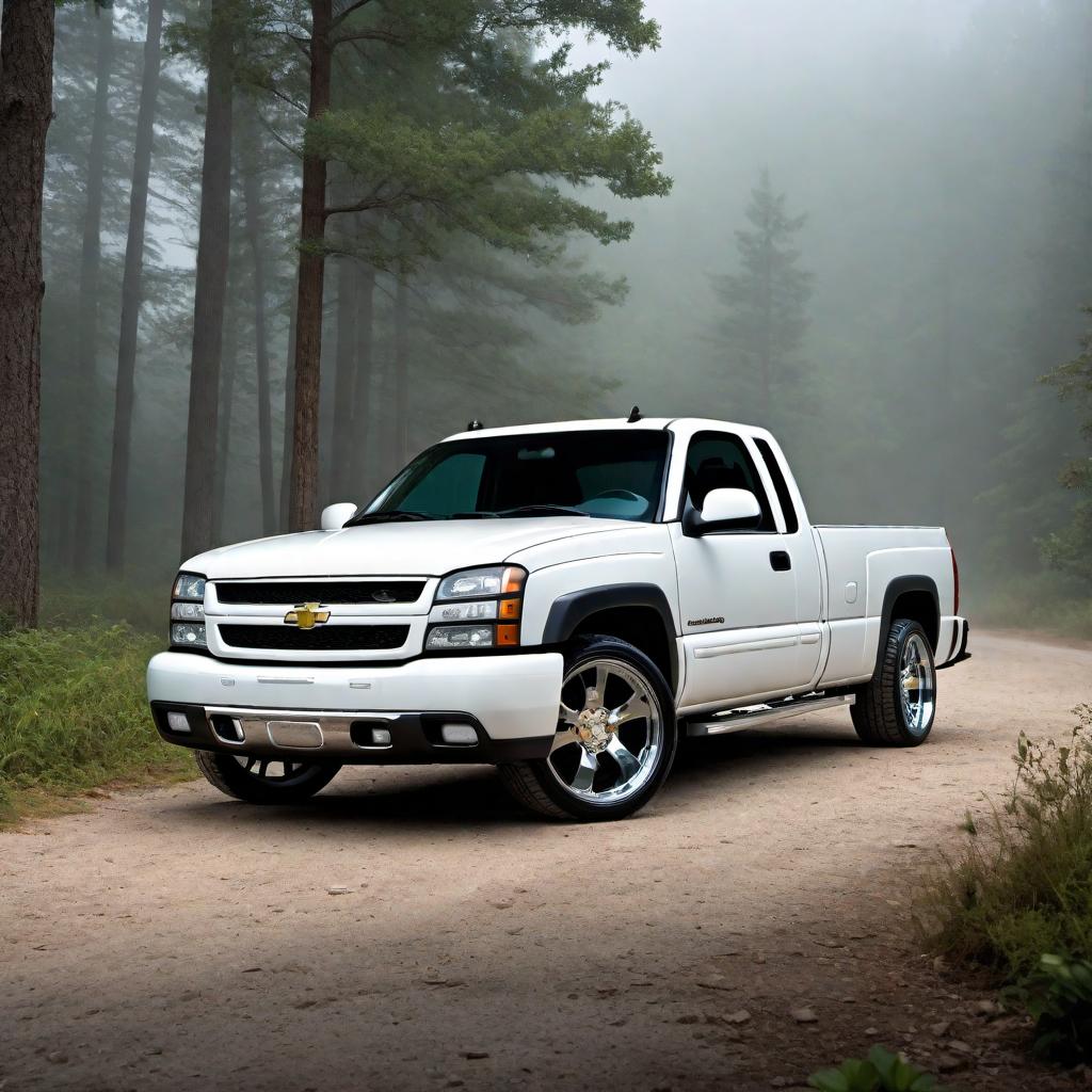  2005 White Chevrolet Silverado SS extra cab. Emphasize the robust design, detailed headlights, front grille, and sporty wheels. Place the truck in a scenic background with good lighting to showcase its features. hyperrealistic, full body, detailed clothing, highly detailed, cinematic lighting, stunningly beautiful, intricate, sharp focus, f/1. 8, 85mm, (centered image composition), (professionally color graded), ((bright soft diffused light)), volumetric fog, trending on instagram, trending on tumblr, HDR 4K, 8K