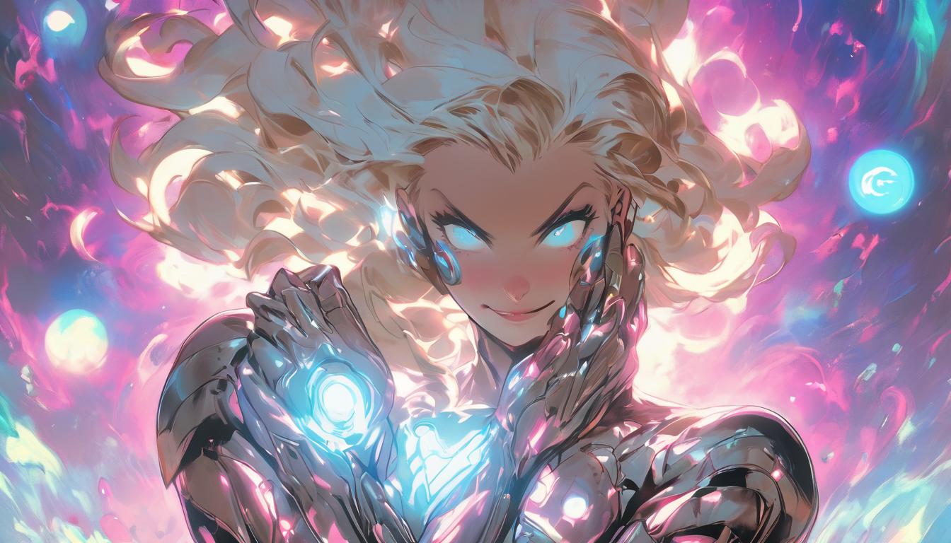  hyperrealism,fantasy aesthetic1woman, large busted attractive arian blonde female humanoid, tender smile, hands over heart, surrounded by floating orbs representing depth and authenticity, luminescent background, high tech clothing clad in sleek, futuristic costume with metallic accents and form fitting designs, marvel superhero comics style, unreal engine rendering