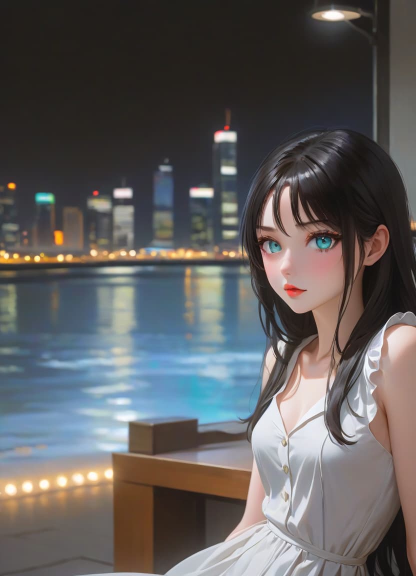  anime artwork beautiful , , white skinned, European, blue eyes, long brown straight hair, slender figure, small neat s, dressed in a black dress with a white collar and white cuffs, full length, against the backdrop of a modern city. Skyscrs of Moscow City (photorealism, oil painting: 1.3), (full length shot: 1.3), charming , long flowing black hair, (large sensual mouth: 1.2), plump lips, sparkling emerald eyes , narrow waist, (sensual drawing: 1.2), silvery glow, ethereal aura, detailed brushwork, intricate shadows and highlights, mysterious and captivating expression, unique color palette, masterful use of light and shadow, captivating atmosphere, pure emotion, intense gaze, dynamic composition. small hyperrealistic, full body, detailed clothing, highly detailed, cinematic lighting, stunningly beautiful, intricate, sharp focus, f/1. 8, 85mm, (centered image composition), (professionally color graded), ((bright soft diffused light)), volumetric fog, trending on instagram, trending on tumblr, HDR 4K, 8K