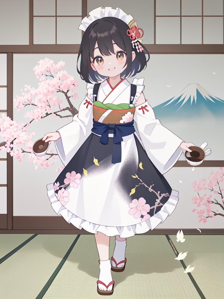  Japanese Painting Style, FRILL APRON, BARE SHOULDER, CARRY A TRAY, HAPPY SMILE, Japanese Cafe, Best Quality: 1.4, ULTRA DETALED EXTURE, Raw PhotOREALISTIC, Absurd Resolution, 8k Illustration, 💩, 💩, 💩, 💩, 💩, 💩,, masterpiece, best quality,8k,ultra detailed,high resolution,an extremely delicate and beautiful,hyper detail