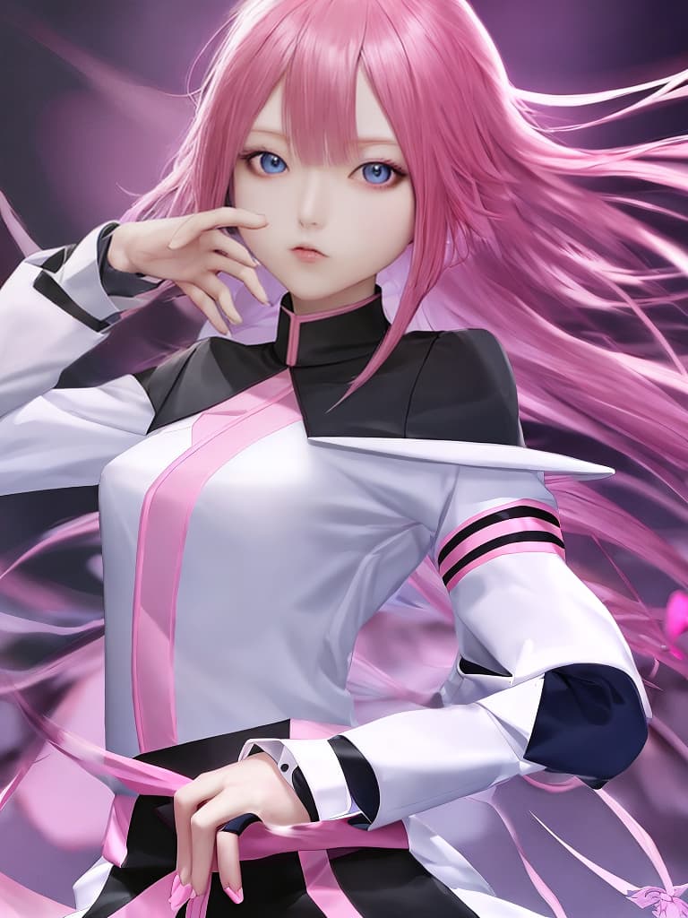  give a gift , sanyueqi,1girl,solo,pink hair,gloves,long sleeves,blue eyes,bangs,shirt,white shirt,hair between eyes,pink eyes