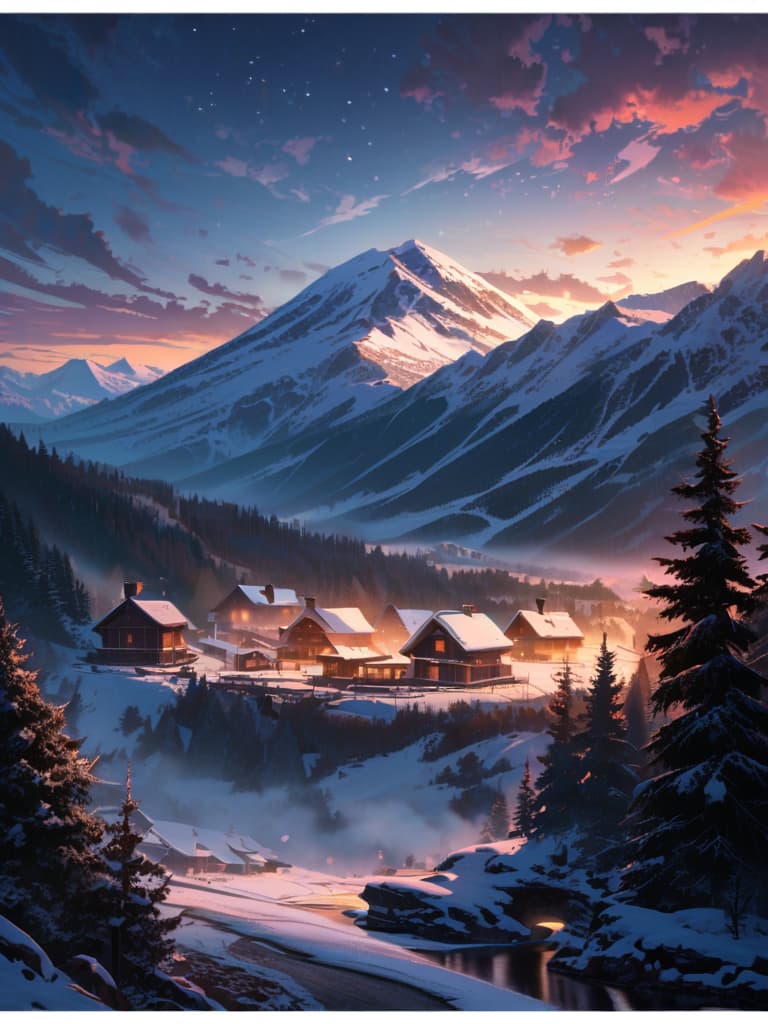  snow, scenery, outdoors, house, sky, mountain, star \(sky\), no humans, night, starry sky, tree, night sky, winter, nature, pine tree, building, forest, mountainous horizon, village, masterpiece, best quality, very aesthetic, absurdres, hyperrealistic, full body, detailed clothing, highly detailed, cinematic lighting, stunningly beautiful, intricate, sharp focus, f/1. 8, 85mm, (centered image composition), (professionally color graded), ((bright soft diffused light)), volumetric fog, trending on instagram, trending on tumblr, HDR 4K, 8K