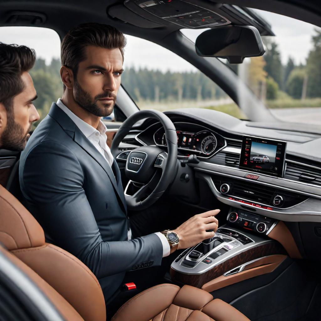  A realistic scene inside an Audi A6 2015 car with three friends, viewed from the front. One friend is the driver and seems to be stuck on the phone. The second friend is sitting in the back seat, also checking his phone. The third friend is sitting down in the front passenger seat, looking directly at the camera. hyperrealistic, full body, detailed clothing, highly detailed, cinematic lighting, stunningly beautiful, intricate, sharp focus, f/1. 8, 85mm, (centered image composition), (professionally color graded), ((bright soft diffused light)), volumetric fog, trending on instagram, trending on tumblr, HDR 4K, 8K