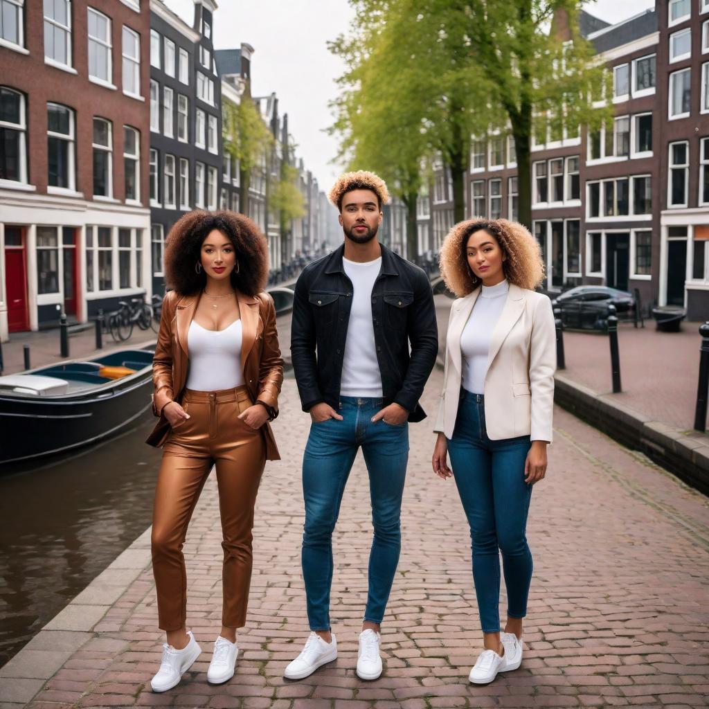  A picture set in Amsterdam featuring four mixed-race individuals. The first person is a Chinese mixed-race woman, the second is a Middle Eastern white man with curly hair, the third is a Japanese mixed-Latino woman with curly white hair, and the fourth is a mixed-race African-European man with wavy blond hair tied back. They are standing together, enjoying the cityscape with iconic Dutch houses and canals in the background. hyperrealistic, full body, detailed clothing, highly detailed, cinematic lighting, stunningly beautiful, intricate, sharp focus, f/1. 8, 85mm, (centered image composition), (professionally color graded), ((bright soft diffused light)), volumetric fog, trending on instagram, trending on tumblr, HDR 4K, 8K