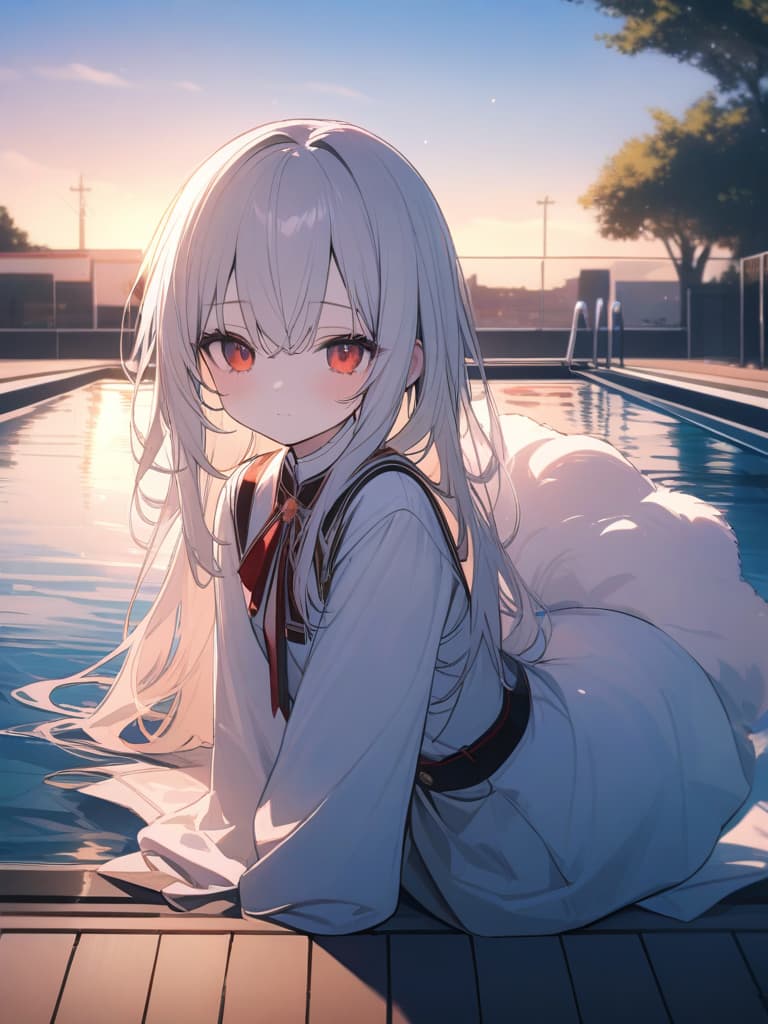  Cute, , young face, white skin, thin body, fluffy hair, white hair, bright red eyes, strawberry decoration, uniform, fluffy long hair, sunset, pool only in the pool, , masterpiece, best quality,8k,ultra detailed,high resolution,an extremely delicate and beautiful,hyper detail