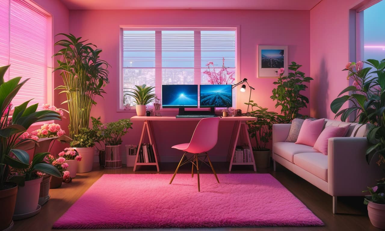  anime artwork Anime style. Room of an anime girl in a pink style. In the frame, a close up of a pink workstation with a monitor, table, rug, flowers, and indoor plants. Nighttime outside the window. Pink lighting. Lots of details. . anime style, key visual, vibrant, studio anime, highly detailed hyperrealistic, full body, detailed clothing, highly detailed, cinematic lighting, stunningly beautiful, intricate, sharp focus, f/1. 8, 85mm, (centered image composition), (professionally color graded), ((bright soft diffused light)), volumetric fog, trending on instagram, trending on tumblr, HDR 4K, 8K