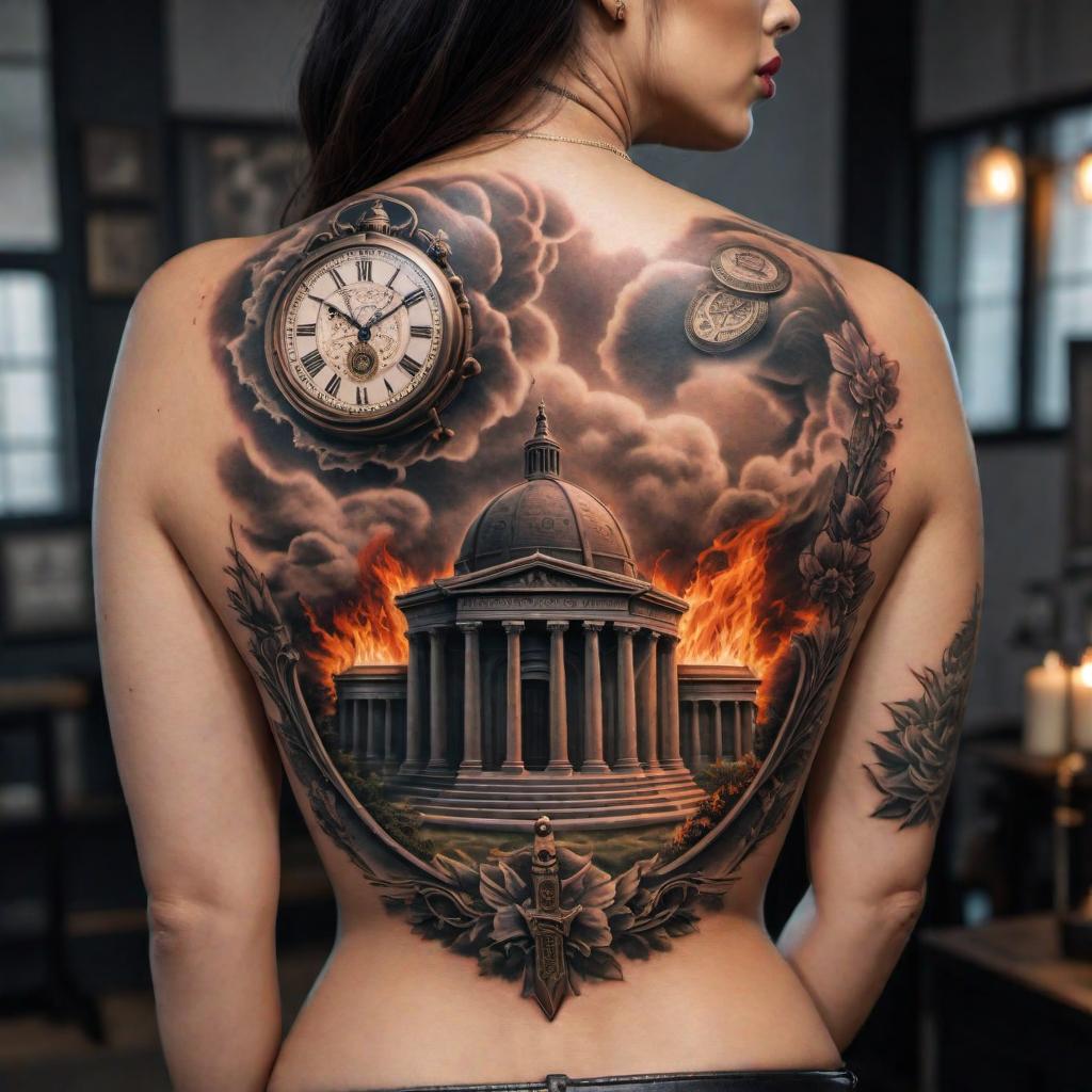  A tattoo design featuring money burning, Michelangelo's grave stones, and a visual representation of time going backwards. hyperrealistic, full body, detailed clothing, highly detailed, cinematic lighting, stunningly beautiful, intricate, sharp focus, f/1. 8, 85mm, (centered image composition), (professionally color graded), ((bright soft diffused light)), volumetric fog, trending on instagram, trending on tumblr, HDR 4K, 8K