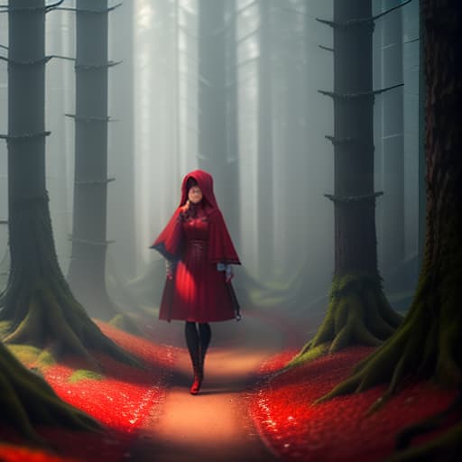  A little girl Little Red Riding Hood in the forest hyperrealistic, full body, detailed clothing, highly detailed, cinematic lighting, stunningly beautiful, intricate, sharp focus, f/1. 8, 85mm, (centered image composition), (professionally color graded), ((bright soft diffused light)), volumetric fog, trending on instagram, trending on tumblr, HDR 4K, 8K