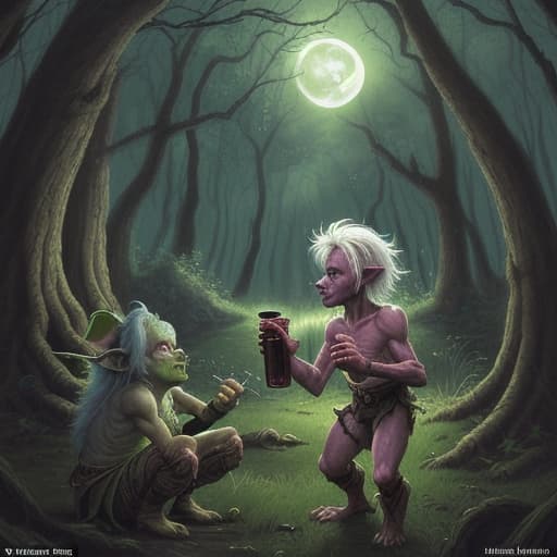  80's fantasy art, Goblin camp in forest clearing, signs of battle, young fighter with white hair and red eyes drinking health potion, moonlight filtering through trees.