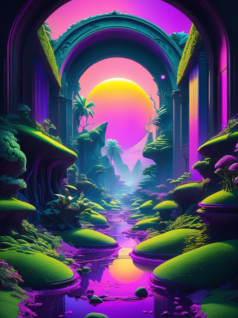  Super high definition, reflective pools, HDR, (Dark vaporwave color palette), eclipse, glowing archway, huge twisting vines, aerial view of rolling hills in bizarre alien landscape, Fibonacci, Enki, annunaki, monolith, megaliths with eyes, ufo, dna, cosmic serpent, vaporwave tiled (liminal space), iris, pixel art, vaporwave aesthetic, purple and green neon lights, bright splashes of alcohol ink puddles, volumetric light, auras, rays of sunlight, bright colors reflect, isometric, digital art, 3d render, chromatic aberration, octane render, volumetrics, by greg rutkowski, (glitched effect), by Frederik Vermehren, (bleached, dark palette, highly professional, dramatic lighting, extremely beautiful:1.4), (intricate details, masterpiece, best qu hyperrealistic, full body, detailed clothing, highly detailed, cinematic lighting, stunningly beautiful, intricate, sharp focus, f/1. 8, 85mm, (centered image composition), (professionally color graded), ((bright soft diffused light)), volumetric fog, trending on instagram, trending on tumblr, HDR 4K, 8K