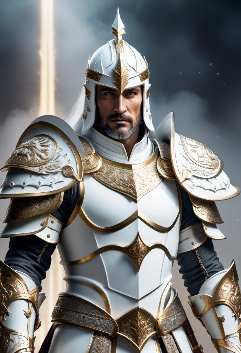  ethereal fantasy concept art of Full plate white armor warrior king . magnificent, celestial, ethereal, painterly, epic, majestic, magical, fantasy art, cover art, dreamy hyperrealistic, full body, detailed clothing, highly detailed, cinematic lighting, stunningly beautiful, intricate, sharp focus, f/1. 8, 85mm, (centered image composition), (professionally color graded), ((bright soft diffused light)), volumetric fog, trending on instagram, trending on tumblr, HDR 4K, 8K