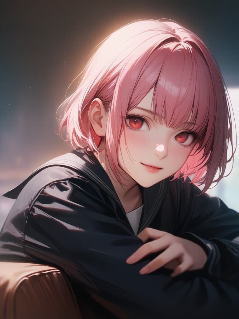  1girl,18yo,pink hair,short hair, pink short bowl cut:1.2,red eyes,black sailor suit,light smile,realistic, masterpiece, best quality,8k,ultra detailed,high resolution,an extremely delicate and beautiful,hyper detail