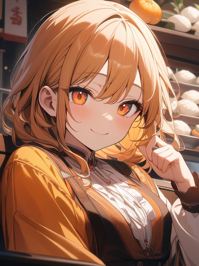  Cute, , face, , big eyes, orange hair color, orange eyes, dumpling hair, dress, smiling, tangerine, young face, two dumplings, masterpiece, best quality,8k,ultra detailed,high resolution,an extremely delicate and beautiful,hyper detail