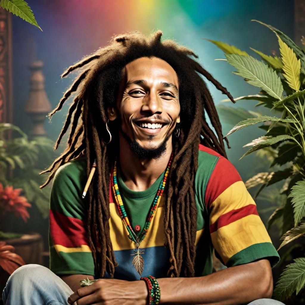  Bob Marley looking young and cool, with his iconic dreadlocks, smiling and relaxed, holding a weed joint in his hand and smoking it. He should have a high expression, with a cloud of smoke surrounding him. The background features colorful reggae-themed decor, enhancing the calm, vibrant atmosphere. hyperrealistic, full body, detailed clothing, highly detailed, cinematic lighting, stunningly beautiful, intricate, sharp focus, f/1. 8, 85mm, (centered image composition), (professionally color graded), ((bright soft diffused light)), volumetric fog, trending on instagram, trending on tumblr, HDR 4K, 8K