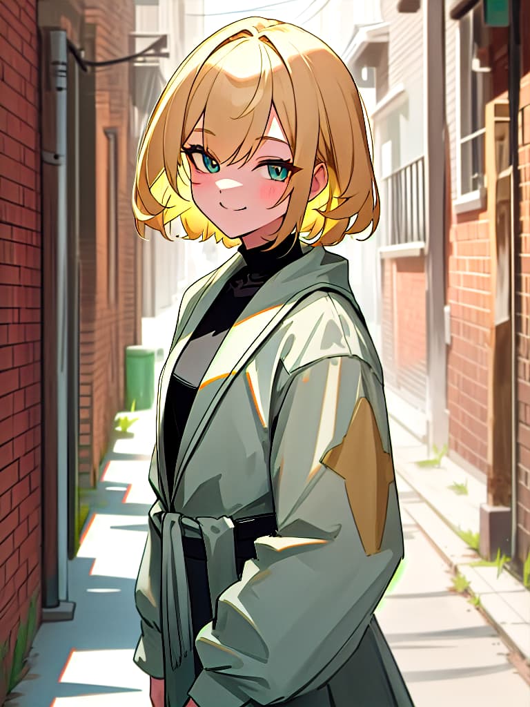  Bob, back alley, blonde, margin smile, clothes are covered, masterpiece, best quality,8k,ultra detailed,high resolution,an extremely delicate and beautiful,hyper detail