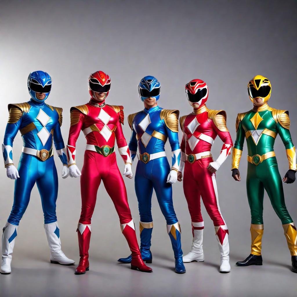  A detailed image of the Mighty Morphin Power Rangers band members standing together in their iconic superhero costumes. Each member should be in a dynamic pose, showcasing their individual colors and helmets. The background should be slightly futuristic and vibrant to match the theme of the Power Rangers. hyperrealistic, full body, detailed clothing, highly detailed, cinematic lighting, stunningly beautiful, intricate, sharp focus, f/1. 8, 85mm, (centered image composition), (professionally color graded), ((bright soft diffused light)), volumetric fog, trending on instagram, trending on tumblr, HDR 4K, 8K