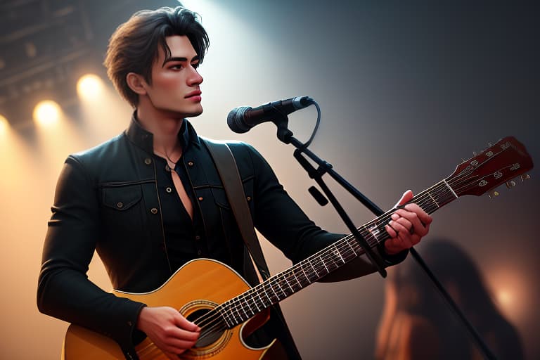  A young man on stage with a guitar, realistic hyperrealistic, full body, detailed clothing, highly detailed, cinematic lighting, stunningly beautiful, intricate, sharp focus, f/1. 8, 85mm, (centered image composition), (professionally color graded), ((bright soft diffused light)), volumetric fog, trending on instagram, trending on tumblr, HDR 4K, 8K