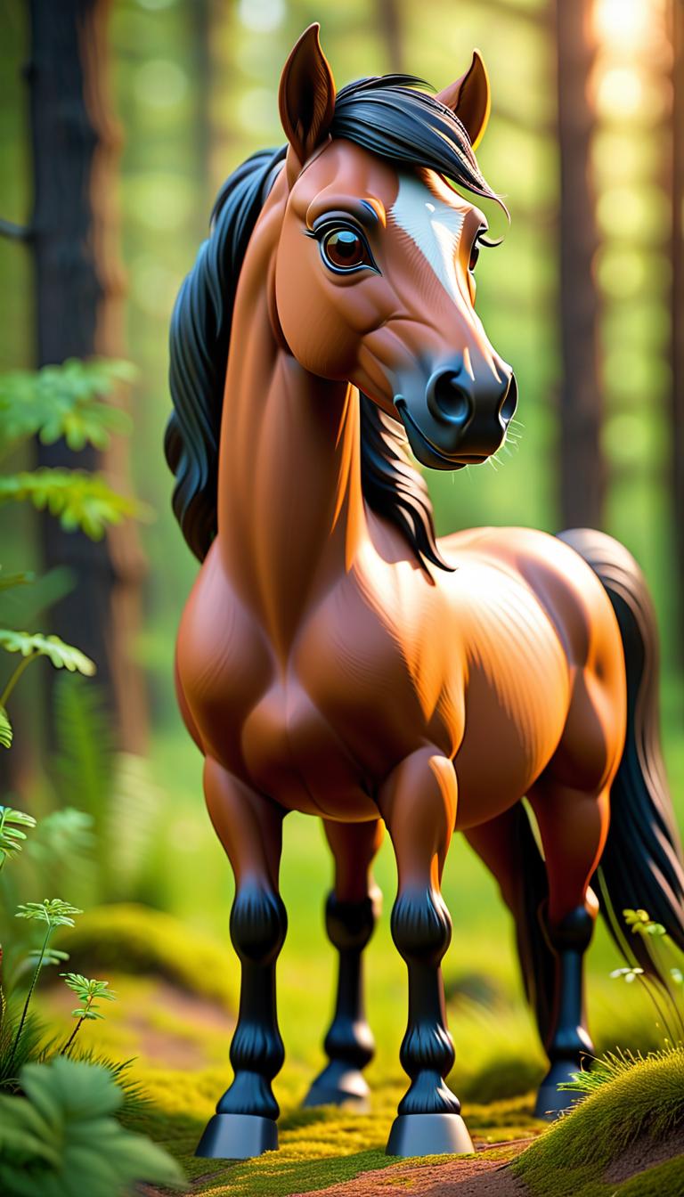  Professional 3D model of A brown, little, cute horse in a wood on summer. . Rendered with Octane, the model is highly detailed,dramatic lighting. hyperrealistic, full body, detailed clothing, highly detailed, cinematic lighting, stunningly beautiful, intricate, sharp focus, f/1. 8, 85mm, (centered image composition), (professionally color graded), ((bright soft diffused light)), volumetric fog, trending on instagram, trending on tumblr, HDR 4K, 8K