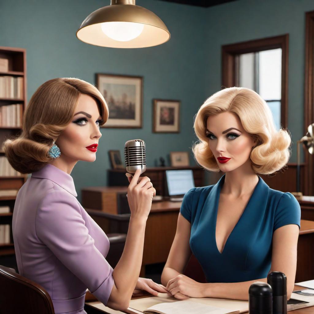  A glamorous vintage 60s cartoon-style podcast cover featuring two women in an office setting. They are sitting at a table with microphones and espresso cups. One woman has blonde hair and blue eyes, with a chic bob hairstyle and wearing a stylish dress. The other woman has brown hair and brown eyes with distinct facial features and long wavy hair, wearing a retro outfit. The background includes elements of a glamorous office room from the 60s, with vintage furniture, elegant decor, and a warm, inviting atmosphere. The overall style is bright, colorful, and nostalgic with a 60s cartoon drawing aesthetic. hyperrealistic, full body, detailed clothing, highly detailed, cinematic lighting, stunningly beautiful, intricate, sharp focus, f/1. 8, 85mm, (centered image composition), (professionally color graded), ((bright soft diffused light)), volumetric fog, trending on instagram, trending on tumblr, HDR 4K, 8K