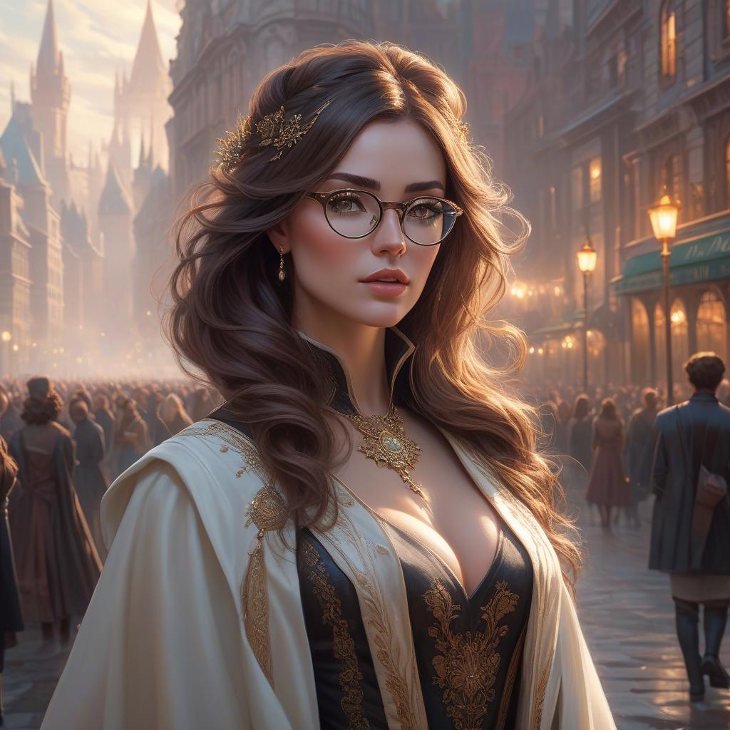  woman with glasses standing in front of a city, inspired by Magali Villeneuve, fantasy art, girl with brown hair, tom bagshaw donato giancola, konstantin razumov, harry potter portrait, style of peter mohrbacher, with black eyeglasses, magali villeneuve and monet, ornate hair, bussiere rutkowski andreas rocha Started from image: hyperrealistic, full body, detailed clothing, highly detailed, cinematic lighting, stunningly beautiful, intricate, sharp focus, f/1. 8, 85mm, (centered image composition), (professionally color graded), ((bright soft diffused light)), volumetric fog, trending on instagram, trending on tumblr, HDR 4K, 8K