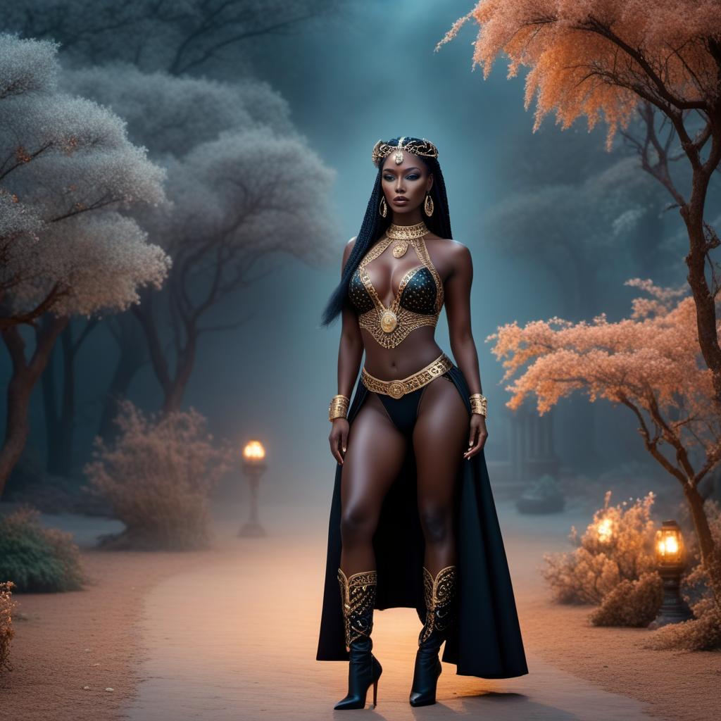  zodiac Gemini woman with black skin in a fantasy setting, lofi style hyperrealistic, full body, detailed clothing, highly detailed, cinematic lighting, stunningly beautiful, intricate, sharp focus, f/1. 8, 85mm, (centered image composition), (professionally color graded), ((bright soft diffused light)), volumetric fog, trending on instagram, trending on tumblr, HDR 4K, 8K