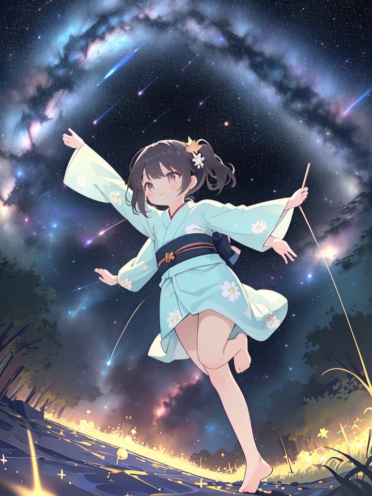  (Dutch Angle: 1.2, FROM OVER BELOW:, Outstretched Arms: 1.2, ONE LEG BENT, LOOK AT AWAY: 1.4) MOUTH SMILING: 1.2)), from Side, INFANT BODY LOLI GIRL, ((Yukata, Milky Way, Manten's Starry Sky, Tanabata)), 💩, 💩, 💩, 💩, 💩, 💩, masterpiece, best quality,8k,ultra detailed,high resolution,an extremely delicate and beautiful,hyper detail