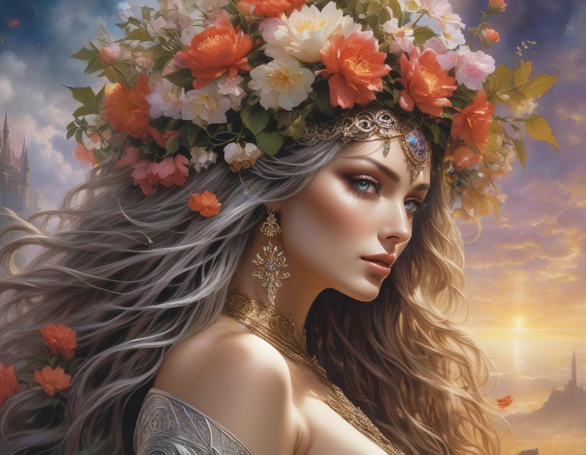  hyperrealistic art A woman with a floral crown and long wavy hair gazes away, set against a fantastic al castle and lush, blooming flowers. Envision a work of art where fantasy and reality blur—a woman stands enshrouded in a tapestry of vivid blossoms, her hair a cascade of elaborate floral designs. She dons a dress of futuristic elegance against a backdrop that whispers of the surreal, all captured in the distinctive style of Luis Royo. This digital masterpiece comes alive with brilliant hues and otherworldly illumination, creating a dreamy realm where every ornate detail contributes to an imaginative tableau . extremely high resolution details, photographic, realism pushed to extreme, fine texture, incredibly lifelike hyperrealistic, full body, detailed clothing, highly detailed, cinematic lighting, stunningly beautiful, intricate, sharp focus, f/1. 8, 85mm, (centered image composition), (professionally color graded), ((bright soft diffused light)), volumetric fog, trending on instagram, trending on tumblr, HDR 4K, 8K