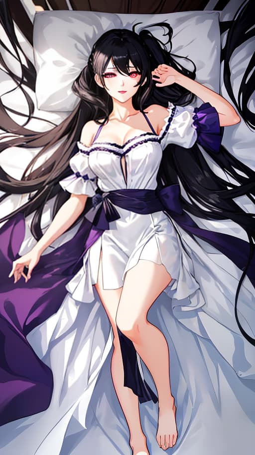  A young with youthful features, long black hair pulled back in two ponytails, and deep red eyes. She has a slender figure with natural proportions. She is wearing a light summer outfit: a dark purple knee length , loose fitting and slightly flared, made of light fabric with small lace at the edges. The is light purple in color, made of light and airy fabric, with a V neck and short sleeves with small ruffles. light black eyeliner around the eyes, dark purple shadows and a light dark purple lip gloss. The lies on a white sheet, positioned horizontally, creating a feeling of coziness and comfort, with a gentle and caring expression on her face. Full length image. Top view, image for dakimakura, one character, lying horiz hyperrealistic, full body, detailed clothing, highly detailed, cinematic lighting, stunningly beautiful, intricate, sharp focus, f/1. 8, 85mm, (centered image composition), (professionally color graded), ((bright soft diffused light)), volumetric fog, trending on instagram, trending on tumblr, HDR 4K, 8K