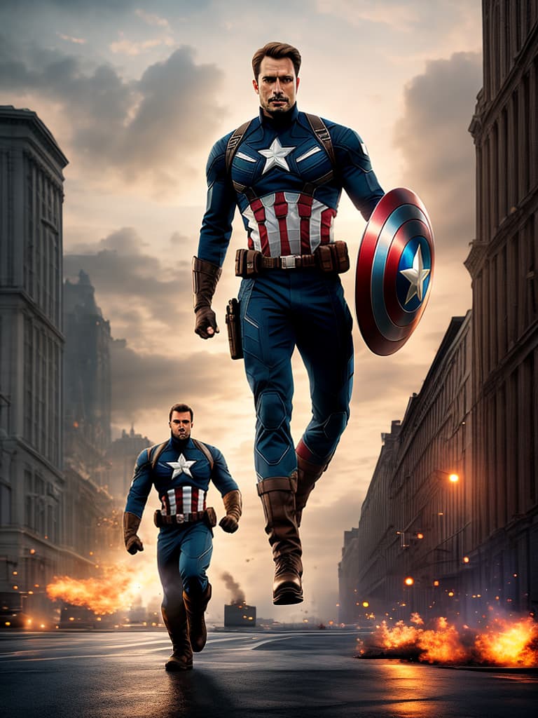  captain america in cinematic poster hyperrealistic, full body, detailed clothing, highly detailed, cinematic lighting, stunningly beautiful, intricate, sharp focus, f/1. 8, 85mm, (centered image composition), (professionally color graded), ((bright soft diffused light)), volumetric fog, trending on instagram, trending on tumblr, HDR 4K, 8K