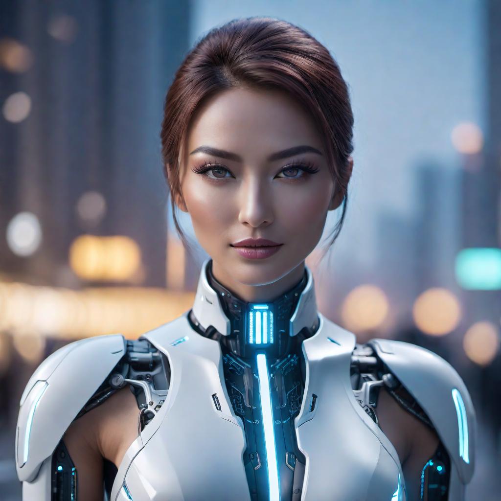  A friendly AI assistant depicted in a sleek and modern design. The AI has a humanoid form with soft, glowing elements to signify its technological nature. The expression is warm and welcoming, suggesting helpfulness and approachability. The environment is a futuristic setting with holographic displays and advanced technology in the background. hyperrealistic, full body, detailed clothing, highly detailed, cinematic lighting, stunningly beautiful, intricate, sharp focus, f/1. 8, 85mm, (centered image composition), (professionally color graded), ((bright soft diffused light)), volumetric fog, trending on instagram, trending on tumblr, HDR 4K, 8K