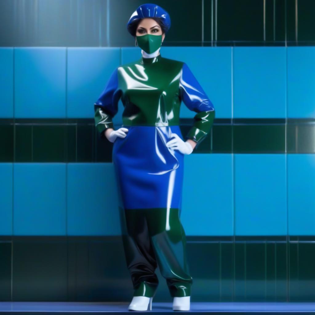  the woman surgeon stands straight with her feet shoulder width apart, showing off the unique gradient effect of her trousers. The upper part of the trousers is dark blue, which smoothly turns into dark green towards the bottom, creating an unusual play of color. The trousers are tucked into knee length shoe covers and feature a flat, flat sole for a practical and functional look. hyperrealistic, full body, detailed clothing, highly detailed, cinematic lighting, stunningly beautiful, intricate, sharp focus, f/1. 8, 85mm, (centered image composition), (professionally color graded), ((bright soft diffused light)), volumetric fog, trending on instagram, trending on tumblr, HDR 4K, 8K