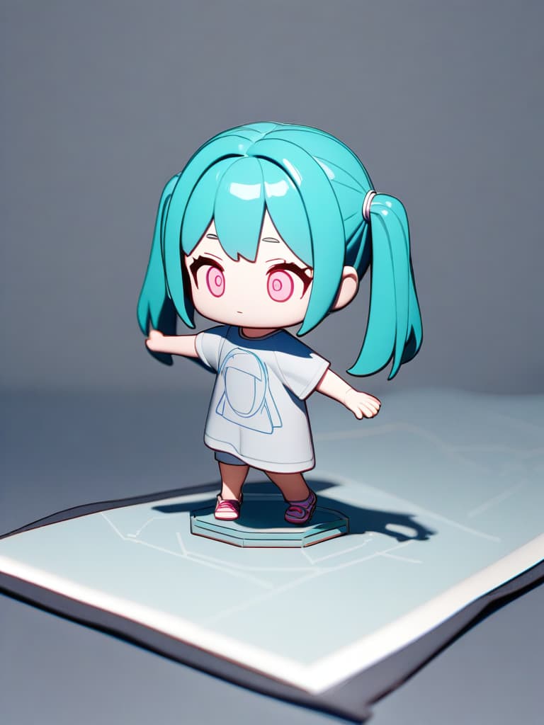  masterpiece,flat design,toy figurine of a character,a , over,aqua hair,twintail,pink eyes,with crazy eyes,big t shirt,gray background,minimalist cartooning,chibi anime,3D diorama,toon render,blueprint, masterpiece, best quality,8k,ultra detailed,high resolution,an extremely delicate and beautiful,hyper detail