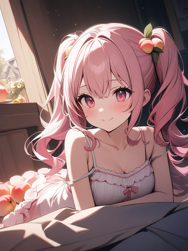  Cute, , exposure, smiling, big s, long hair, pink frill dress, pink eyes, pink hair color, , , twin tail, ribbon, fluffy hair, camisole, shelled, peach, peach Decoration, , masterpiece, best quality,8k,ultra detailed,high resolution,an extremely delicate and beautiful,hyper detail