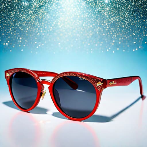  Subject detail: the image depicts a Highly detailed pair of sunglasses with vintage styling, The sunglasses are made from a combination of glitter, metallic, coloured acetate. Art style: in the mixed art style of Irregular Choice, and Osamu Tezuka. Medium: This artwork is highly detailed and photorealistic. hyperrealistic, full body, detailed clothing, highly detailed, cinematic lighting, stunningly beautiful, intricate, sharp focus, f/1. 8, 85mm, (centered image composition), (professionally color graded), ((bright soft diffused light)), volumetric fog, trending on instagram, trending on tumblr, HDR 4K, 8K