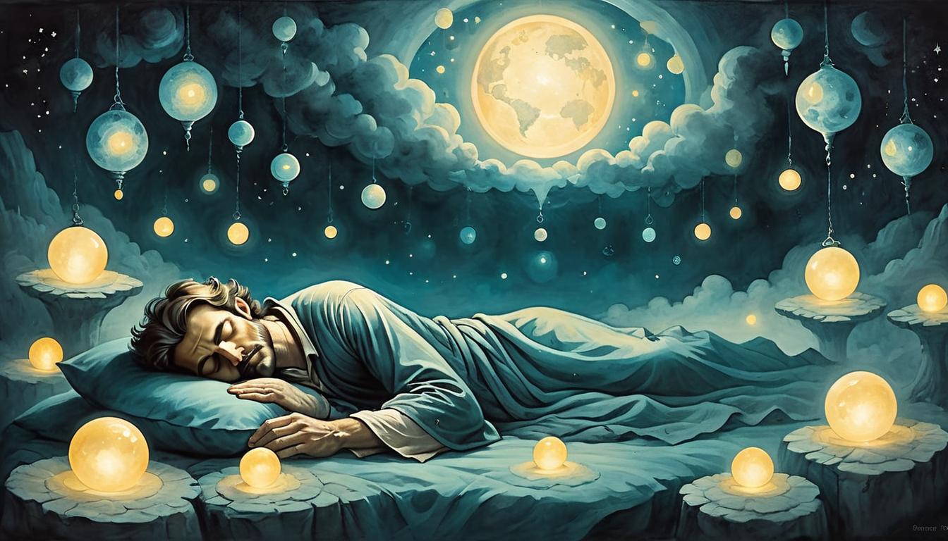  on parchment, surrealism+++, A sleeping person, surrounded by glowing orbs, immersed in a tranquil dream state, ethereal light, night ambiance, deep sleep(mysterious, provocative, symbolic,muted color)+++