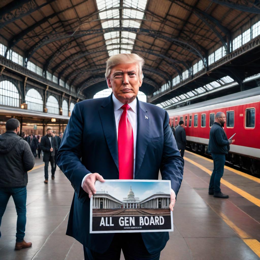  Donald Trump standing in front of a train station, holding a sign that says 'ALL GEN X WELCOME ABOARD'. The scene is lively, with people around and a classic train station setup with trains visible in the background. hyperrealistic, full body, detailed clothing, highly detailed, cinematic lighting, stunningly beautiful, intricate, sharp focus, f/1. 8, 85mm, (centered image composition), (professionally color graded), ((bright soft diffused light)), volumetric fog, trending on instagram, trending on tumblr, HDR 4K, 8K