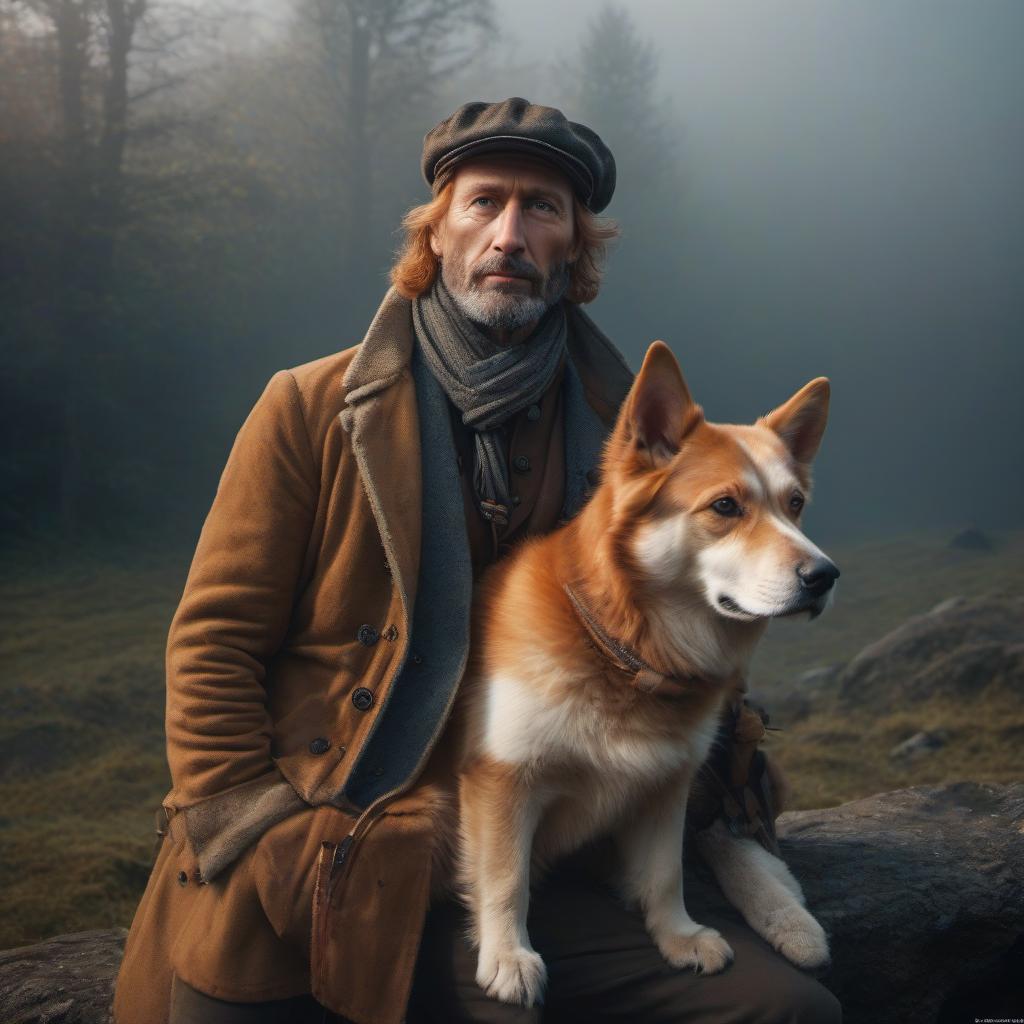  "Alexei Alexeevich Dementiev with a ginger dog" hyperrealistic, full body, detailed clothing, highly detailed, cinematic lighting, stunningly beautiful, intricate, sharp focus, f/1. 8, 85mm, (centered image composition), (professionally color graded), ((bright soft diffused light)), volumetric fog, trending on instagram, trending on tumblr, HDR 4K, 8K