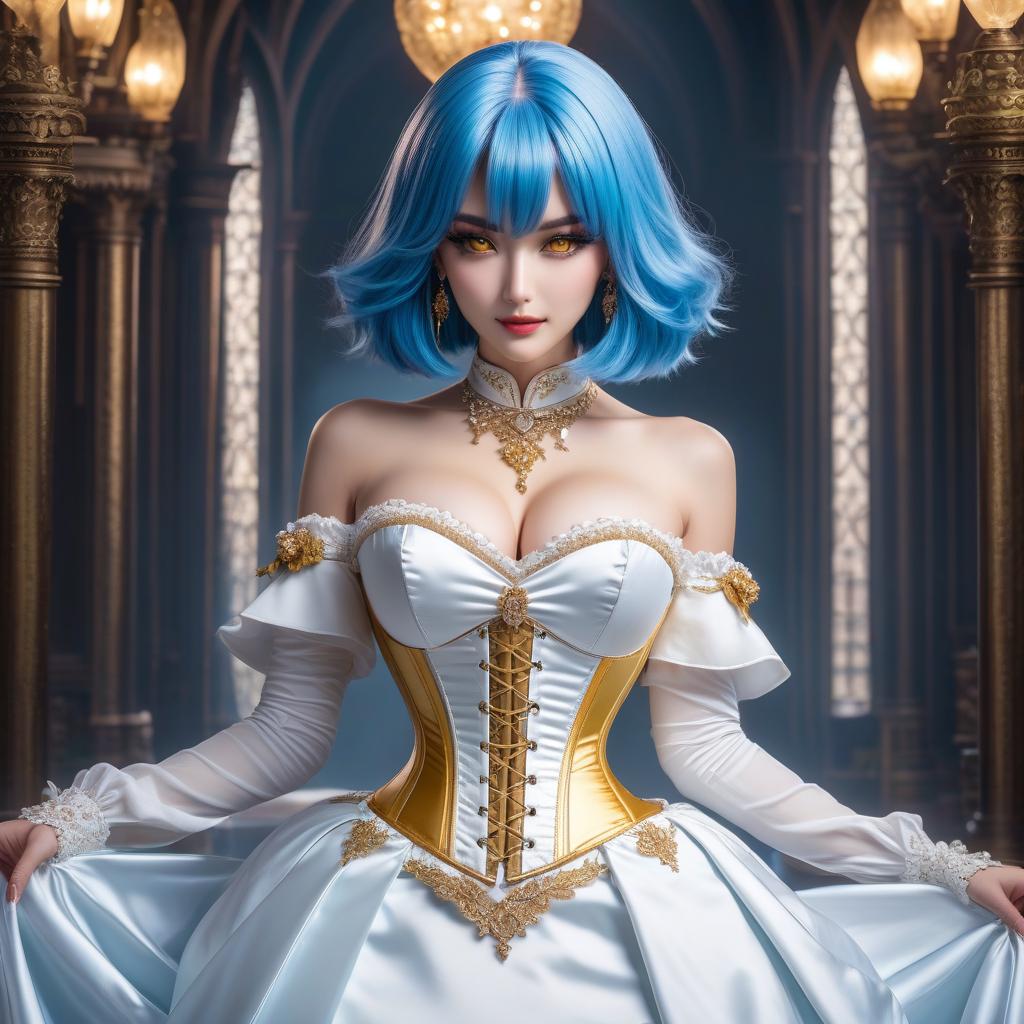  Girl, ((full body)), blue hair, bob cut, bright yellow eyes, hourglass figure, fully clothed, dress, (19th century ballgown), white clothes, gold jewelry, earrings, necklace, (corset ), belt, choker, looking at viewer, looking down, evil grin, (extremely hyper detailed face), (masterpiece: 1.4), (perfect eyes: 1.1), (perfect hands), 2D, anime, extremely detailed clothes. hyperrealistic, full body, detailed clothing, highly detailed, cinematic lighting, stunningly beautiful, intricate, sharp focus, f/1. 8, 85mm, (centered image composition), (professionally color graded), ((bright soft diffused light)), volumetric fog, trending on instagram, trending on tumblr, HDR 4K, 8K