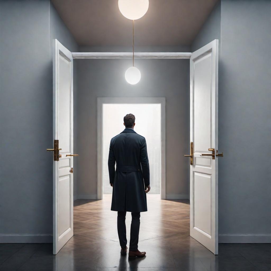  Illustration depicting the contrast between self-doubt/self-failure choices versus healthy choices, illustrated through doors that lead to different decisions. 1. **Self-Doubt/Self-Failure Choices** - Scene: A person standing in front of two doors. One door is labeled 'Self-Doubt' and the other is labeled 'Self-Failure'. The person looks apprehensive and unsure. - Mood: Anxiety, indecision. - Thought Bubbles: 'What if I fail?', 'Am I good enough?', 'People will judge me.' - Visual Elements: The doors are dark, with shadows and cracks symbolizing negative outcomes. 2. **Healthy Choices** - Scene: The same person now standing in front of two different doors. One door is labeled 'Healthy Choices' and the other 'Self-Belief'. The person looks hyperrealistic, full body, detailed clothing, highly detailed, cinematic lighting, stunningly beautiful, intricate, sharp focus, f/1. 8, 85mm, (centered image composition), (professionally color graded), ((bright soft diffused light)), volumetric fog, trending on instagram, trending on tumblr, HDR 4K, 8K