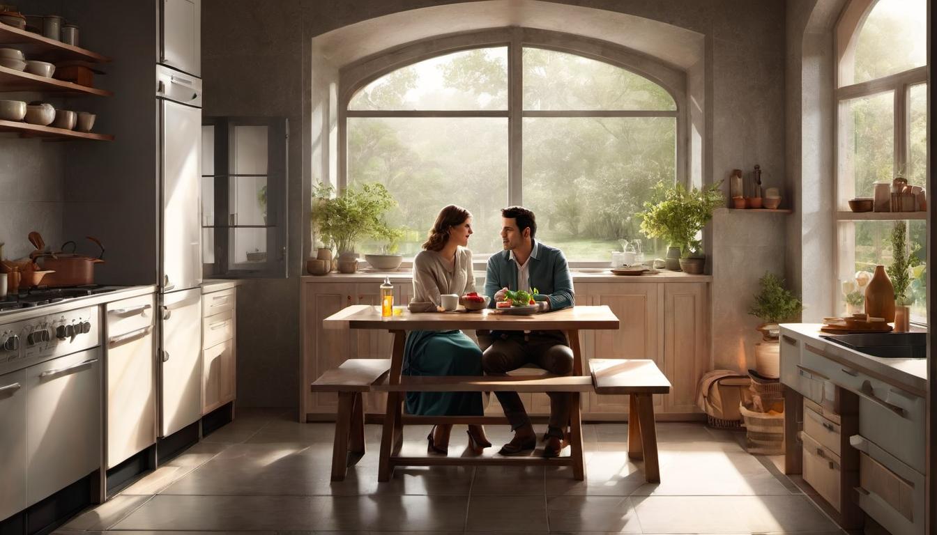  digital illustration, 1woman, 1man, engaged in serious conversation, neutral toned clothing, setting of a cozy kitchen, morning light streaming through window, serious, introspective, sense of ongoing journey, looking at viewer, dynamic pose, (intricate details, masterpiece, best quality)