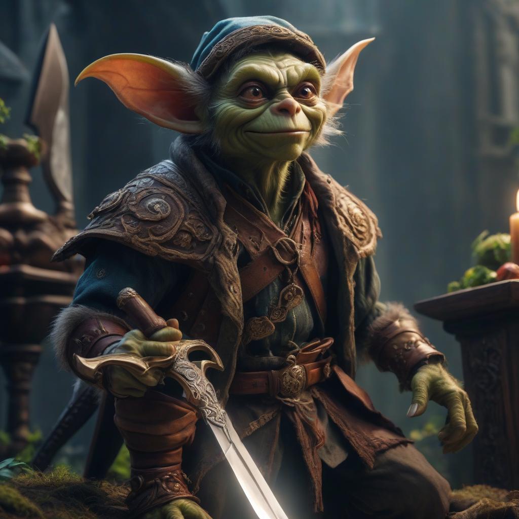  Renaissance style Goblin with a knife in hand . realistic, perspective, light and shadow, religious or mythological themes, highly detailed hyperrealistic, full body, detailed clothing, highly detailed, cinematic lighting, stunningly beautiful, intricate, sharp focus, f/1. 8, 85mm, (centered image composition), (professionally color graded), ((bright soft diffused light)), volumetric fog, trending on instagram, trending on tumblr, HDR 4K, 8K