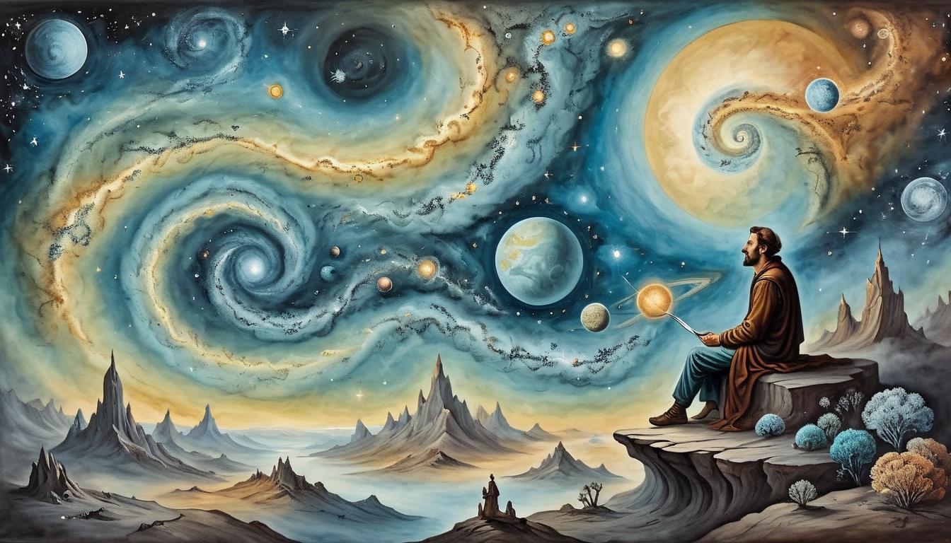  on parchment, surrealism+++, A figure lost in thought, traversing cosmic pathways, galaxies and nebulas around, contemplative, exploratory(mysterious, provocative, symbolic,muted color)+++