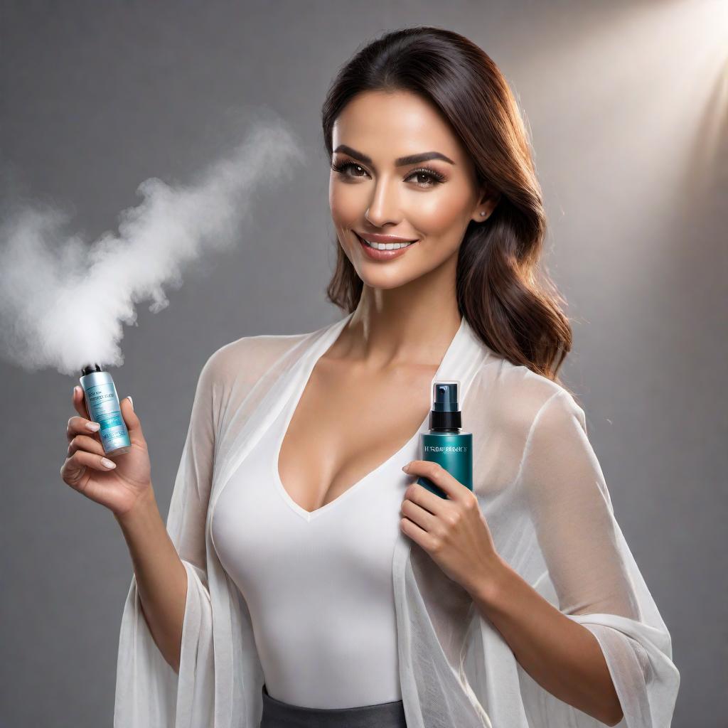  A lady holding a body spray. The lady is confident and happy, in a well-lit and clean environment. She is casually dressed and holding the body spray in her hand. hyperrealistic, full body, detailed clothing, highly detailed, cinematic lighting, stunningly beautiful, intricate, sharp focus, f/1. 8, 85mm, (centered image composition), (professionally color graded), ((bright soft diffused light)), volumetric fog, trending on instagram, trending on tumblr, HDR 4K, 8K