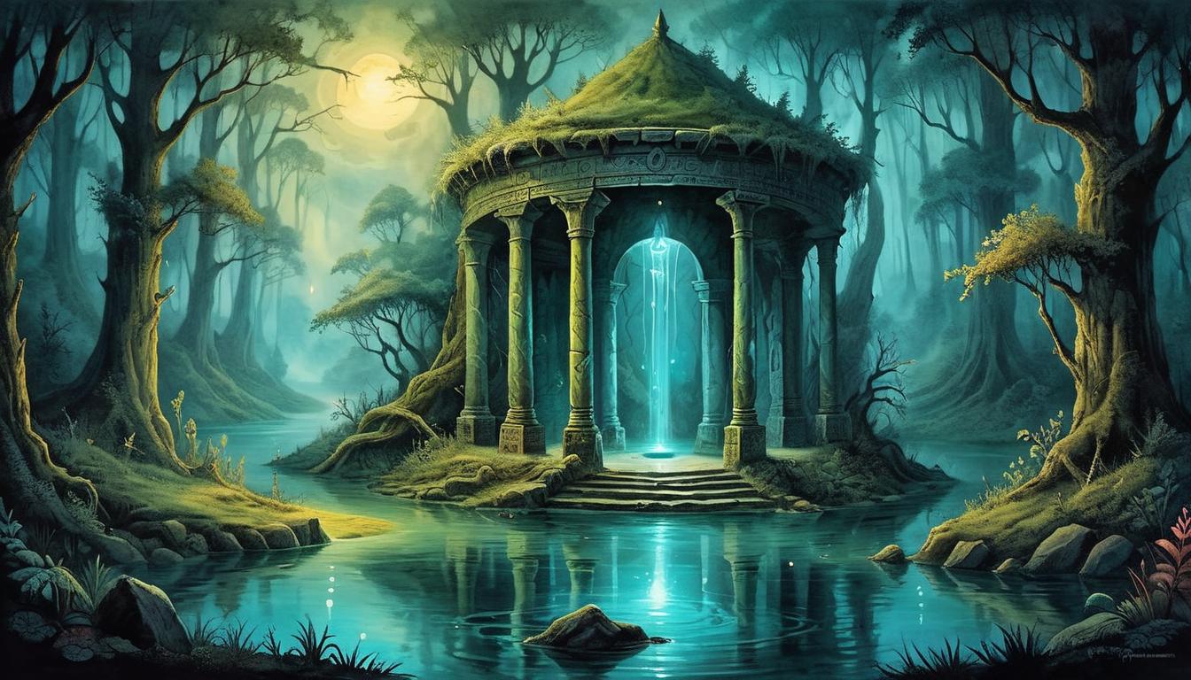  on parchment, surrealism+++, Ancient well with shimmering water inside, glows softly, surrounded by dark forest, mysterious, mystical(mysterious, provocative, symbolic,muted color)+++