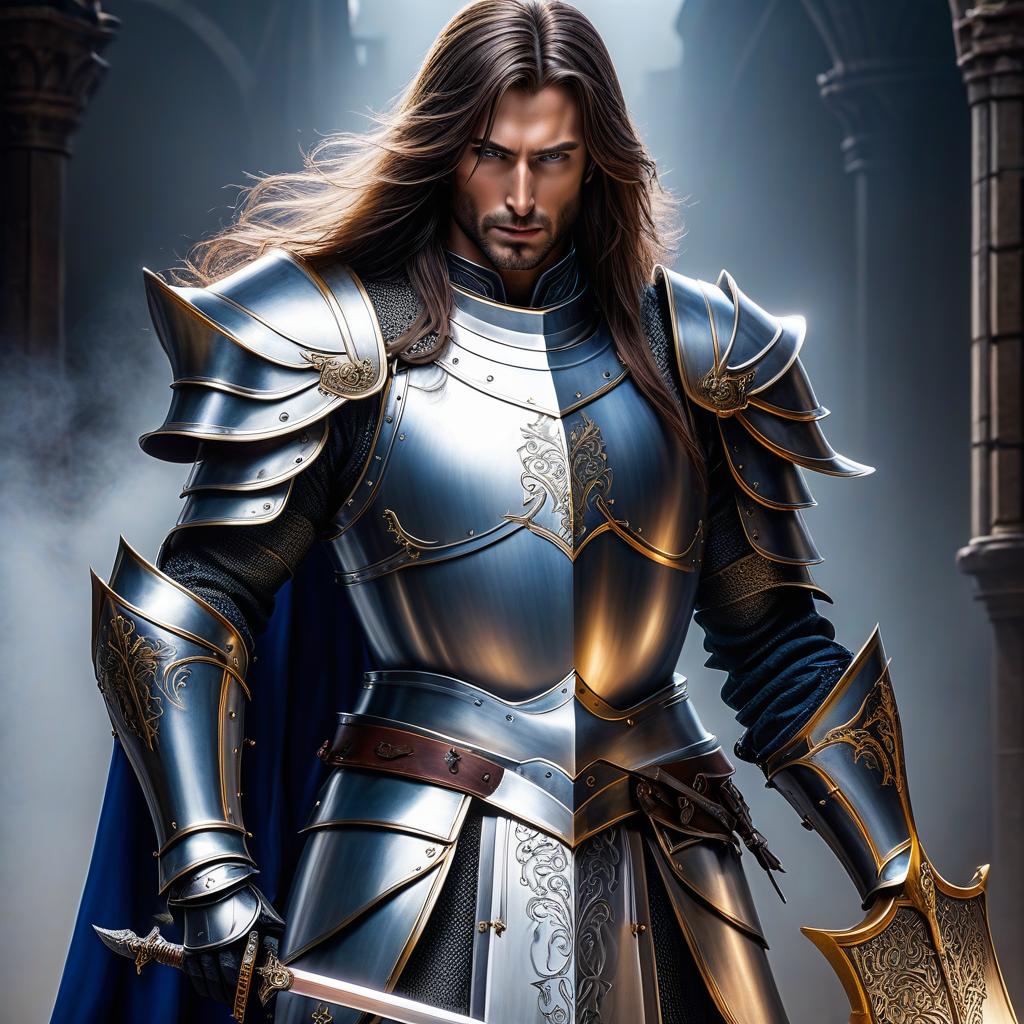  , knight, , very long hair, straight hair, blue eyes, hourgl figure, looking at viewer, looking down, evil grin, holding sword, paladin, full plate armor, metal plate, white robes, (extremely hyper detailed face), (masterpiece:1.4), (perfect eyes:1.1), (perfect hands), 2d, anime, extremely hyper detailed clothes. hyperrealistic, full body, detailed clothing, highly detailed, cinematic lighting, stunningly beautiful, intricate, sharp focus, f/1. 8, 85mm, (centered image composition), (professionally color graded), ((bright soft diffused light)), volumetric fog, trending on instagram, trending on tumblr, HDR 4K, 8K