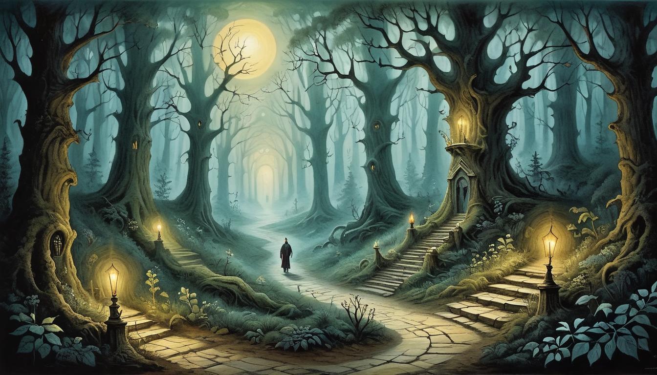  on parchment, surrealism+++, A labyrinthine path through dark woods, illuminated by ethereal light, figure treading the path with determined steps, intricate, mysterious, guiding light, purpose driven(mysterious, provocative, symbolic,muted color)+++