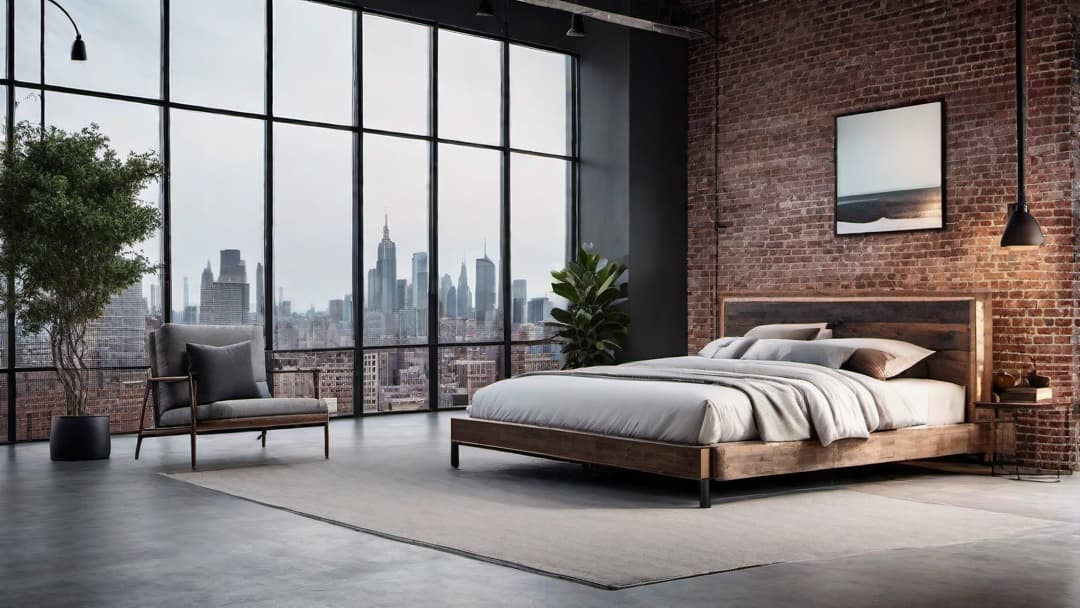  Create an image of an Industrial Chic bedroom featuring an Industrial Bed Frame and Industrial Headboard. The room should have exposed brick walls, metal accents, and reclaimed wood furniture. Include minimalist light fixtures, neutral toned linens, and subtle urban art to create a Modern Industrial Bedroom that balances form and function. hyperrealistic, full body, detailed clothing, highly detailed, cinematic lighting, stunningly beautiful, intricate, sharp focus, f/1. 8, 85mm, (centered image composition), (professionally color graded), ((bright soft diffused light)), volumetric fog, trending on instagram, trending on tumblr, HDR 4K, 8K