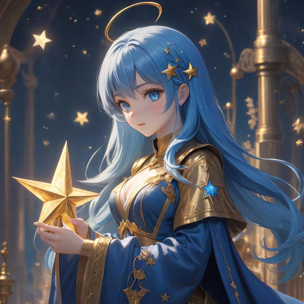  , small , , star, fantasy, cute , dream, magic, blue hair, long hair, magic gold blue clothes, blue eyes, wand with gold Star, space, night hyperrealistic, full body, detailed clothing, highly detailed, cinematic lighting, stunningly beautiful, intricate, sharp focus, f/1. 8, 85mm, (centered image composition), (professionally color graded), ((bright soft diffused light)), volumetric fog, trending on instagram, trending on tumblr, HDR 4K, 8K