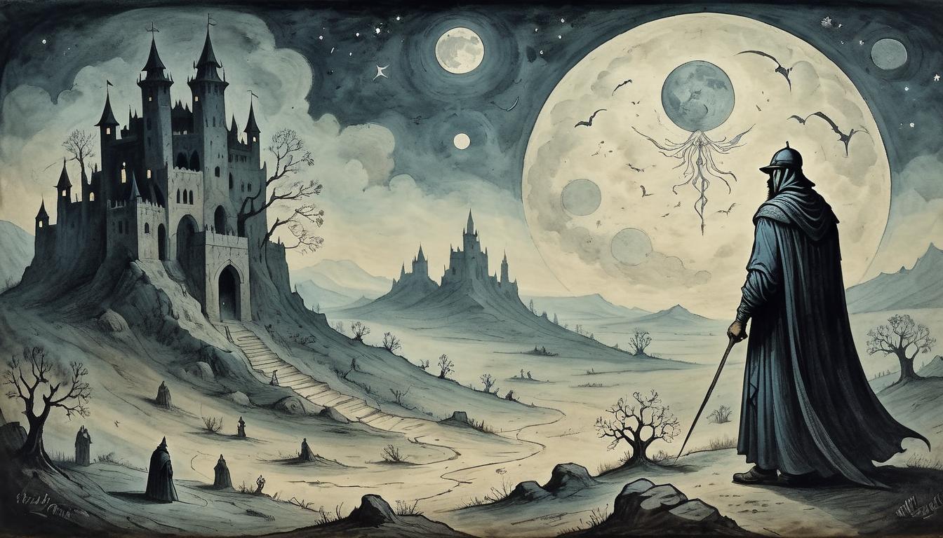  on parchment, surrealism+++, A lone figure fighting against shadowy shapes, ancestral spirits watching from above, night scene with faint moonlight, symbols of past battles etched in the ground(mysterious, provocative, symbolic,muted color)+++