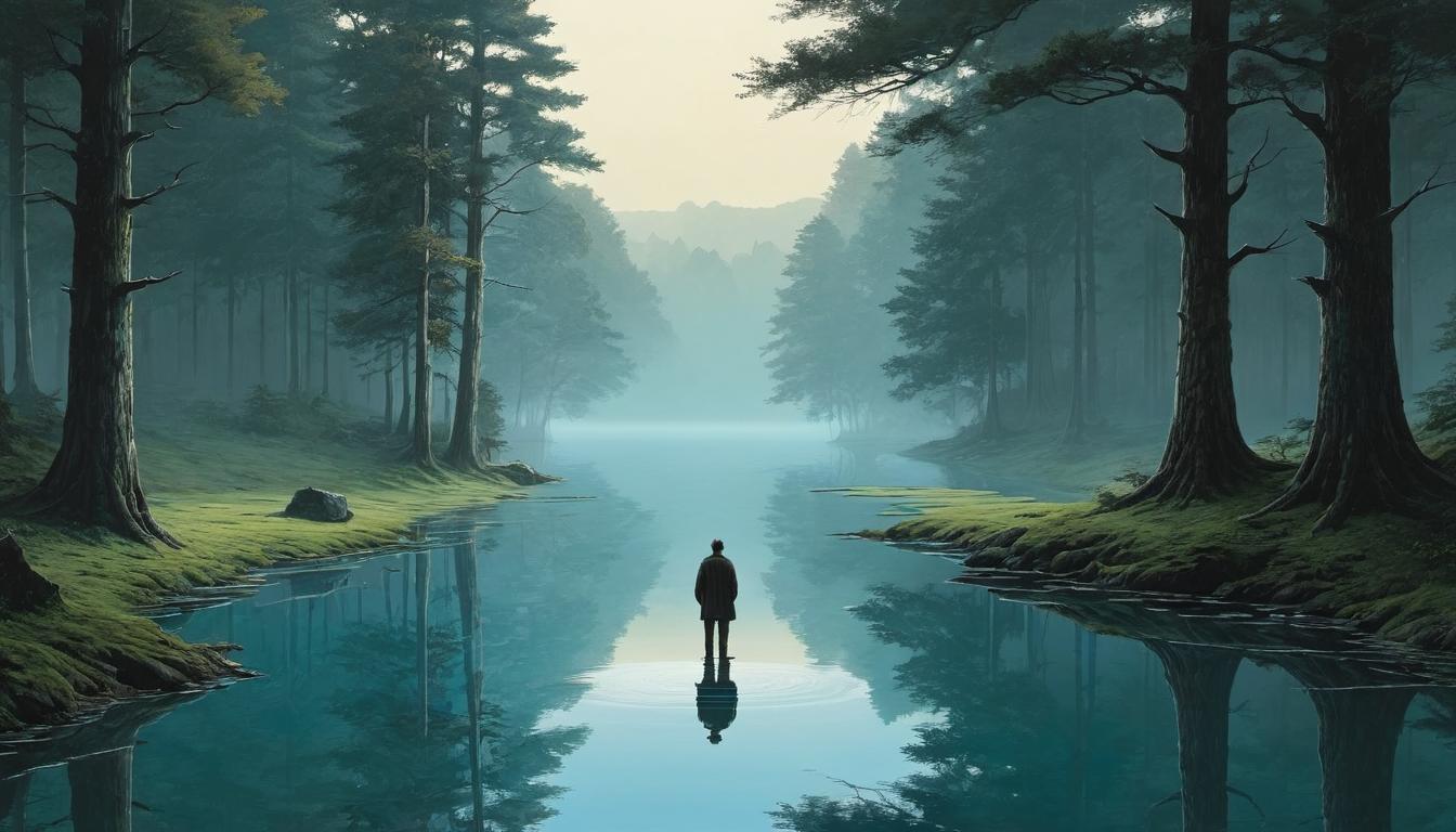  （surrealism)A lone figure gazing into a reflection pool, water surface calm and mirror like, forest backdrop, atmosphere of self contemplation, introspective, serene mystic, intricate details, best quality)